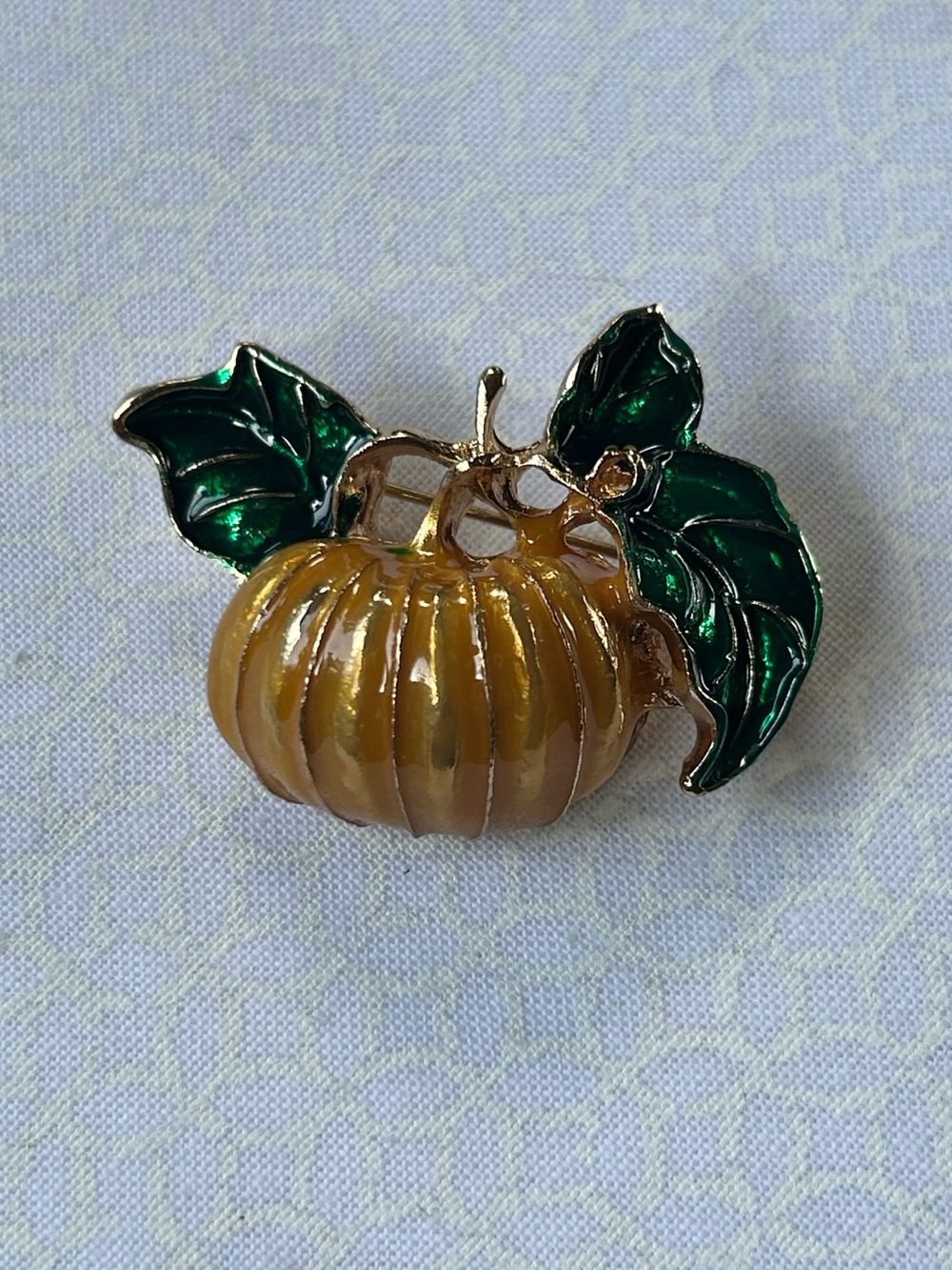 Vintage Gold Pumpkin and Green Leaf Brooch - Women's Jewelry